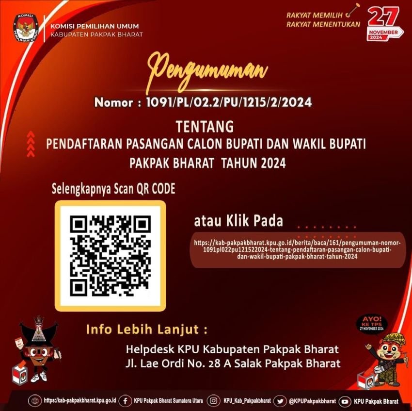 KOMISI PEMILIHAN UMUM KABUPATEN PAKPAK BHARAT PENGUMUMAN NO: 1091/ PL/02.2-PU/1215/2/2024 TENTANG PENDAFTARAN PASANGAN CALON BUPATI DAN WAKIL BUPATI