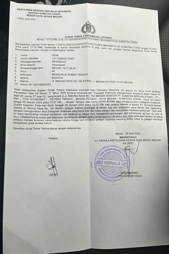 Cemarkan nama baik, Akun Instagram dvdbowie Dilaporkan ke Polrestabes Medan