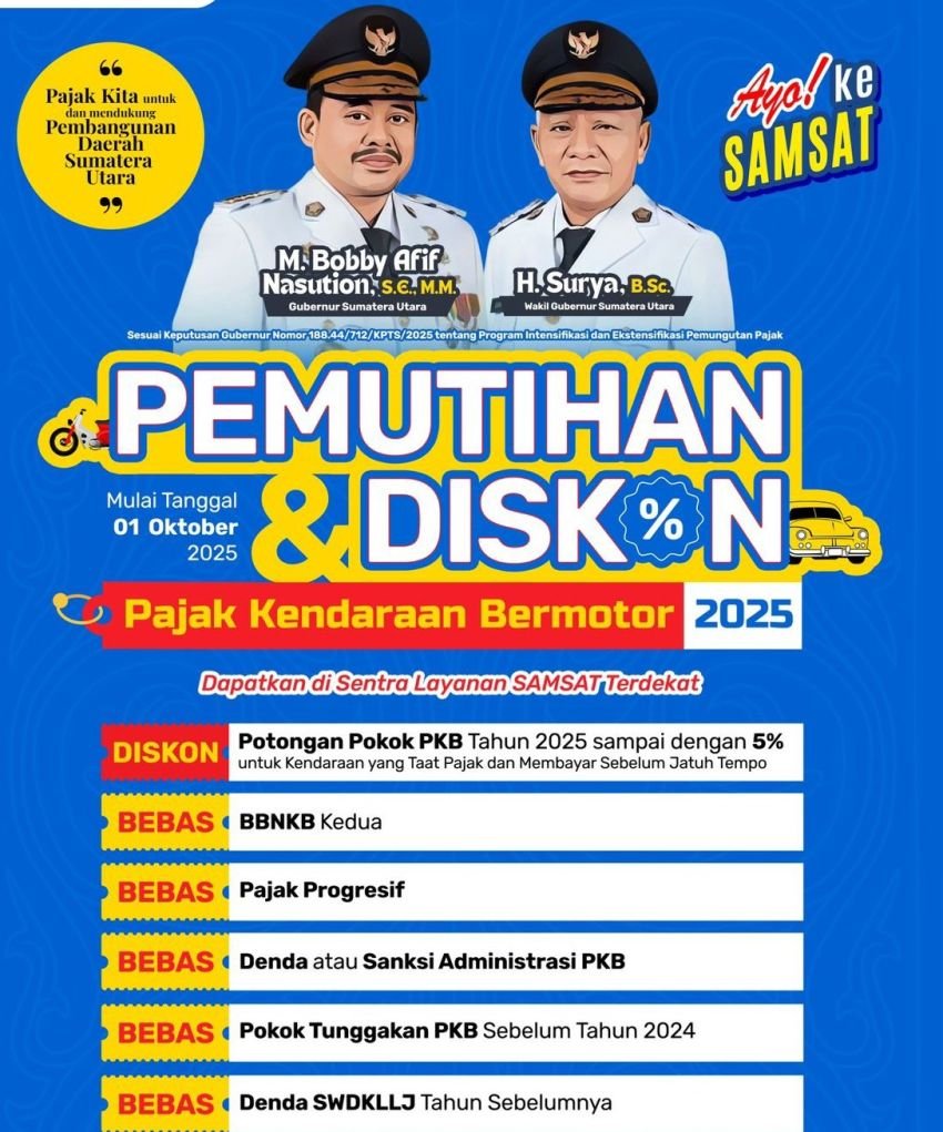 Bebas Denda, Diskon Hingga 5%: Pemutihan Pajak Kendaraan Bermotor Sumut Mulai 1 Oktober