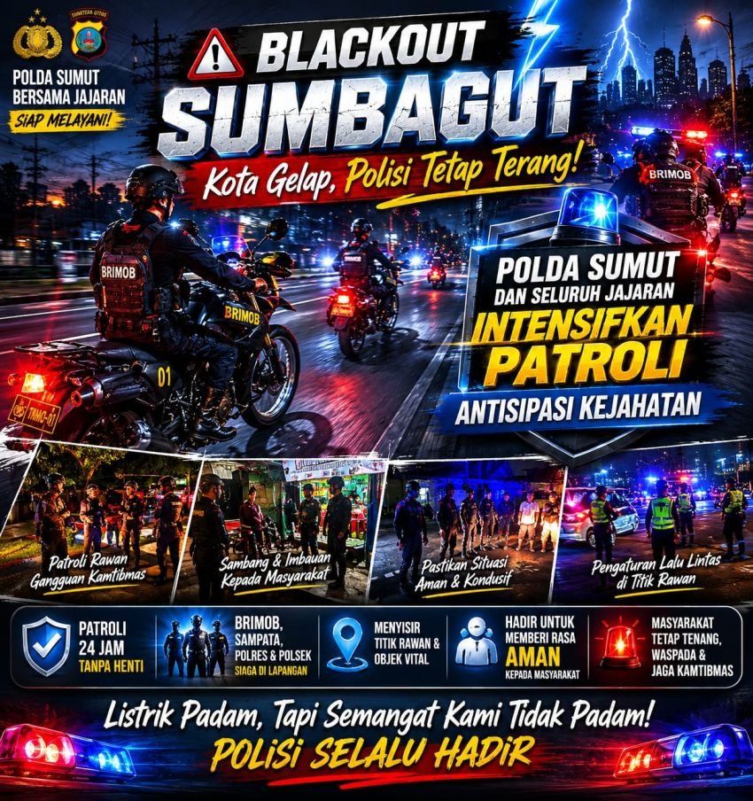 Blackout Sumbagut Bikin Kota Gelap, Polda Sumut dan Jajaran Intensifkan Patroli Antisipasi Kejahatan