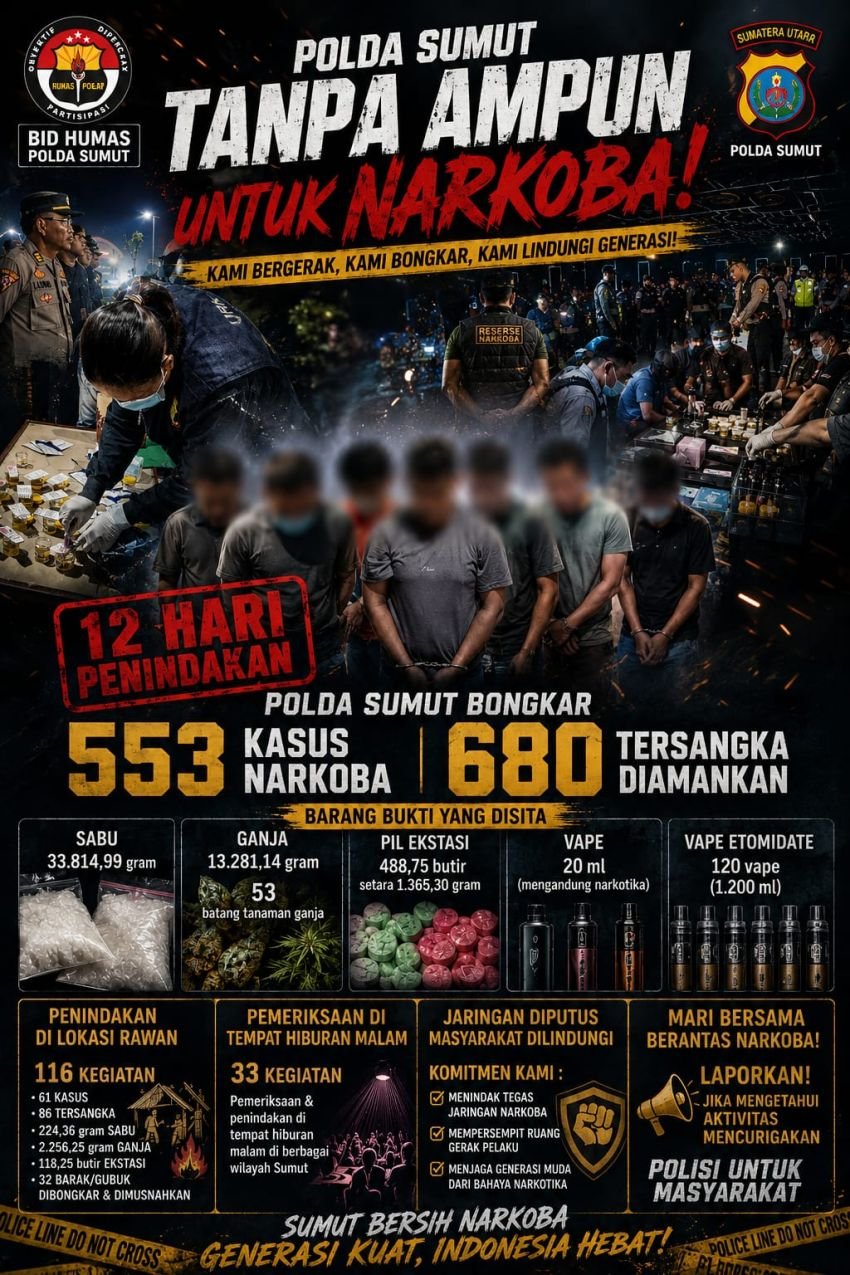 12 Hari Penindakan, Polda Sumut  Amankan 680 Tersangka Narkoba