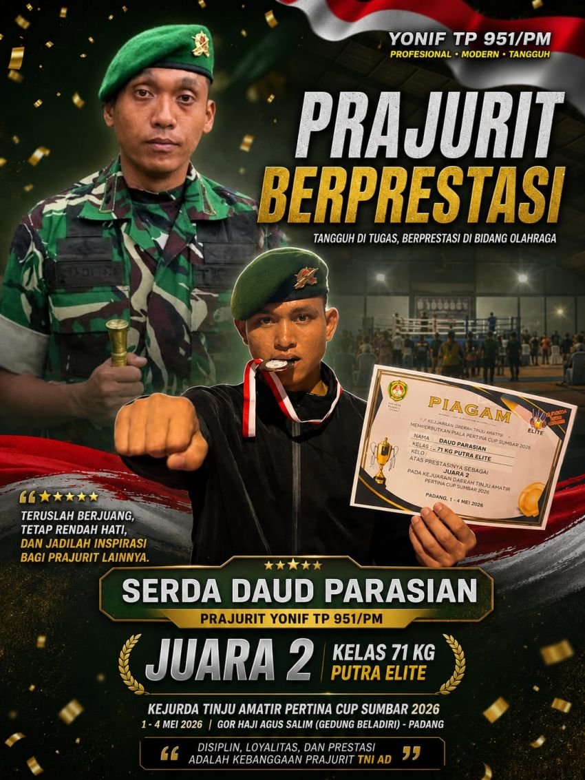 Prajurit Yonif TP 951/PM Raih Juara 2 pada Kejurda Tinju Amatir Pertina Cup Sumbar 2026