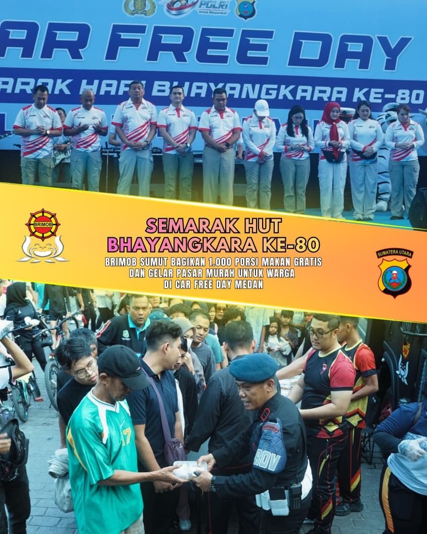 Semarak HUT Bhayangkara ke-80, Brimob Sumut Bagikan 1.000 Porsi Makan Gratis dan Gelar Pasar Murah  di Car Free Day Medan