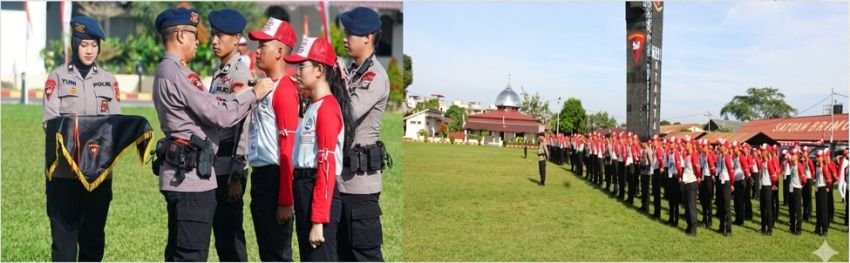 Dansat Brimobsu Sematkan Tanda Instruktur dan Peserta Latihan pada Pembukaan PDMBN Mahasiswa baru PTKI
