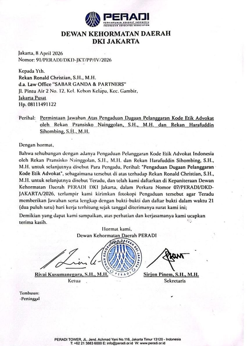 DKDA Peradi DKI Jakarta Nyatakan Ronald Christian SH,MH Tidak Bersalah, Akan Tempuh Upaya Hukum Atas Pemberitaan Yang Tidak Benar