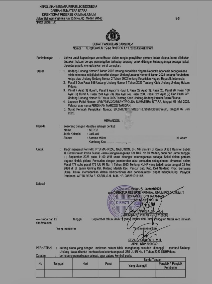 Gawat...Surat Panggilan Pemeriksaan Anggota TNI Diantar Ojek Online, Begini Respon Polda Sumut
