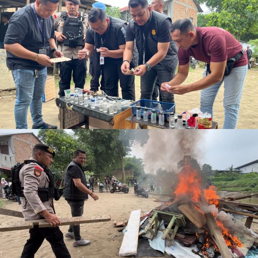 Polrestabes Medan Bumihanguskan Sarang Narkoba Gang Pantai : Paket Sabu, Ganja dan Bong Disita